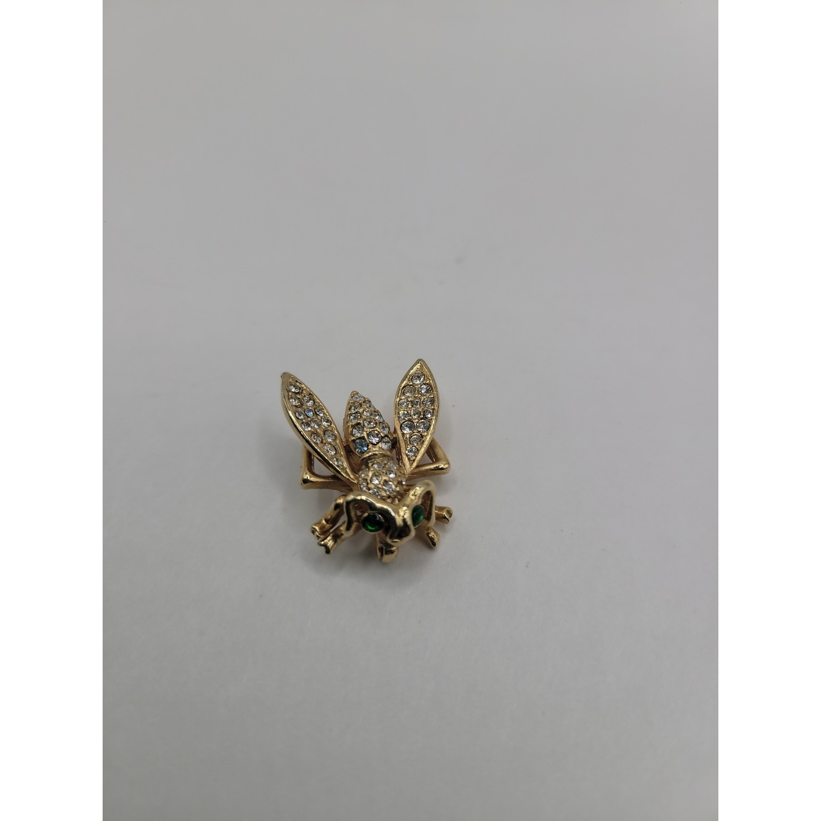 Vintage Rhinestone Fly Brooch Gold Tone Green Eyes Insect Figural Pin